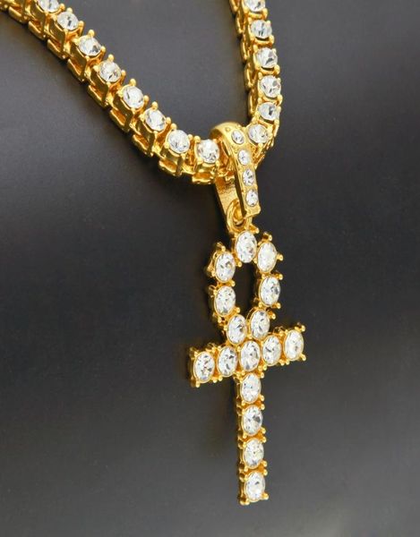 

egyptian ankh key of life pendant necklace with 1 row iced out clear rhinestones tennis chain 202430inch hiphop jewelry4312657, Silver