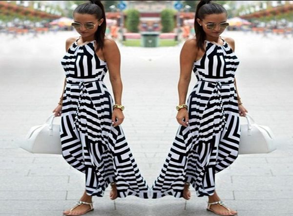 

summer dress women boho striped sleeveless maxi long dress beach style strap sundress vestidos for female 9874286396461, Black;gray
