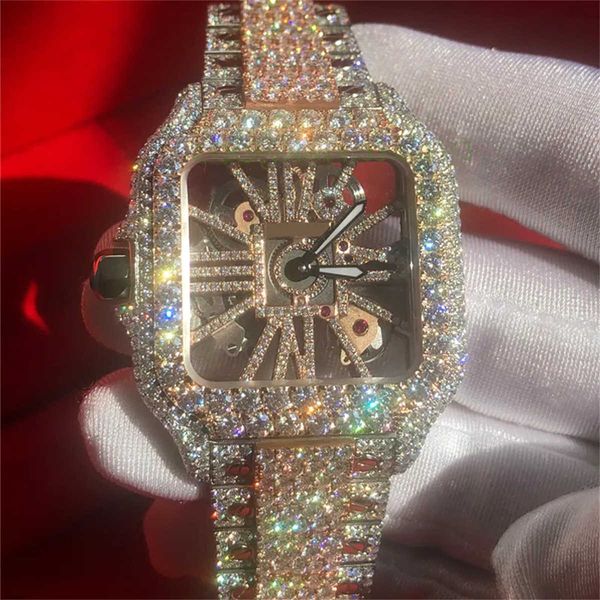 

2023 moissanite watch rose gold mixed sier skeleton diamonds square watch pass tt quartz movement luxury iced out sapphire watch with box, Silver