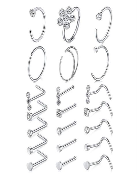 

nose rings hoop l shape studs stainless steel screw bone flat diamond opal heart high nostril piercing jewelry for women men274473604, Silver