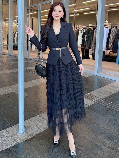 

fashion set 2023 autumn/winter new style temperament suit lapel pleated cake big swing mesh skirt two color s-xltwo piece dress, White