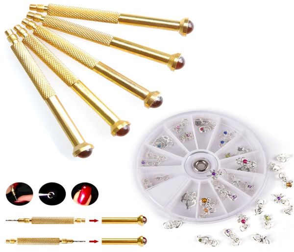 

5pcs pack nail art piercing hand drill tool tips dangle pierce 12 styles beautiful rhinestones dangles for nail art tips decoratio4103804