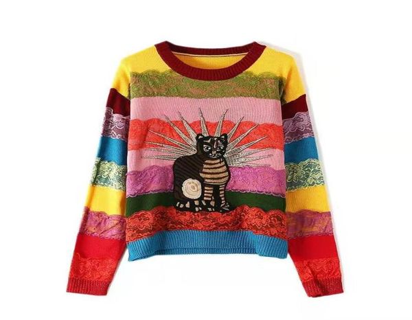

women rainbow sweater luxury designer embroidered cat womens sweaters loose pullover femme colorful stripes sweater fall sweaters 6731391, White;black