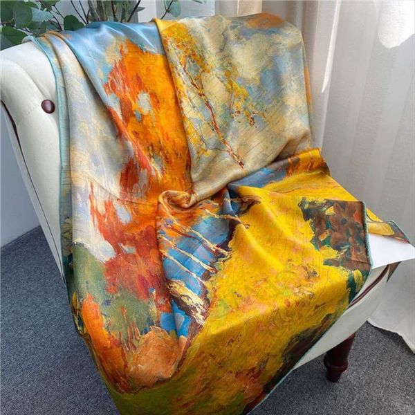 

hangzhou silk oil painting satin scarf womens spring and autumn mulberry shawl dual use versatile big square, Blue;gray