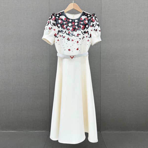 

european fashion brand short sleeve gathered waist pin bead sequin embellishment midi dress, Black