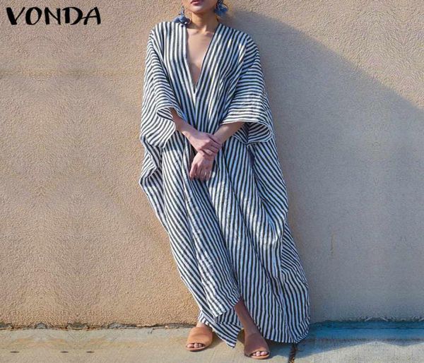 

vonda plus size bohemian women striped dress 2019 autumn v neck irregular hem party maxi long dresses casual loose8776337, Black;gray