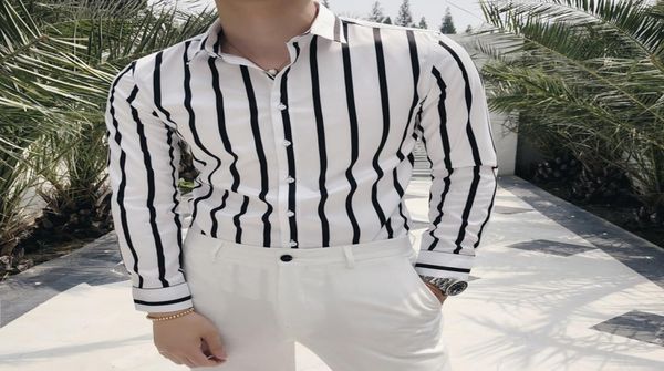 

2019 business shirt men casual slim fit shirts camisa social masculina long sleeve streetwear striped mens shirts7150334, White;black