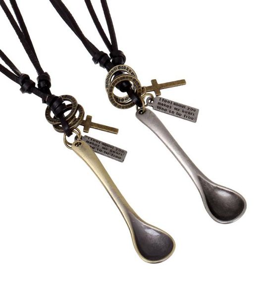 

whole fashion jewelry spoon alloy necklace men039s personality leather rope clavicle necklace casual vintage punk necklace 7011325, Silver