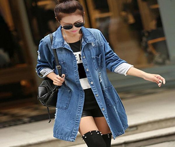 

women long sleeve fashion outwear blue denim long jeans jacket coat plus size2632935, Black;brown