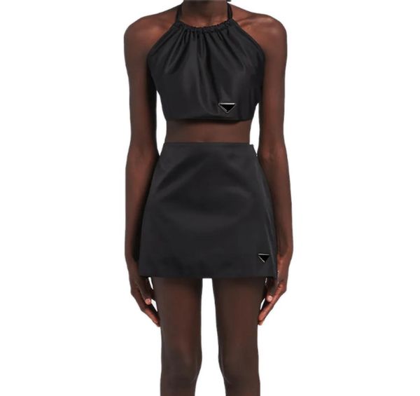 

triangle badge crop womens re nylon camis design halter backless skirt set black summer skirt9866125, White
