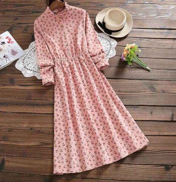 

japanese mori girl vintage dress 2018 new autumn winter women long sleeved cherry print corduroy dresses8885686, White;black