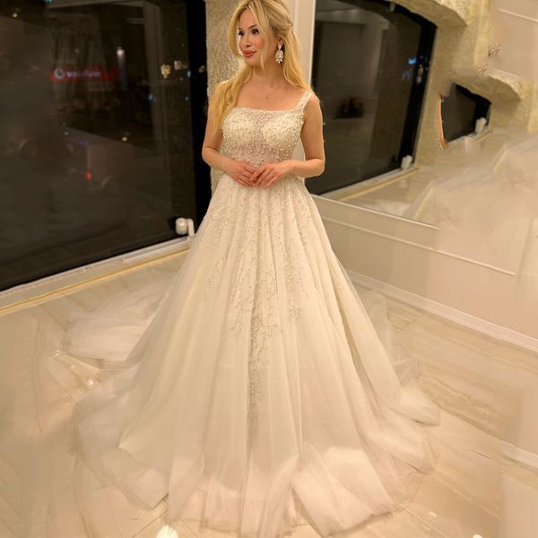 

luxury beading square collar ball gown wedding dress 2023 exquisite embroidery sleeveless beads lace tull princess bridal gown, White