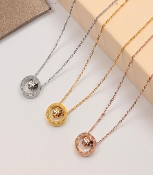 

roman numeral double ring diamond pendant necklace titanium steel circle hollow short chain whole3936633, Silver