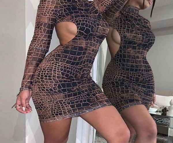 

trendy snake printed backless skinny dress women party club outfits oneck long sleeve mini bandage vestidos fall 2021 casual3930730, Black;gray