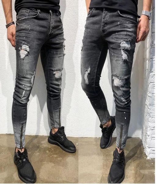 

mens stylish ripped skinny slim jeans fashion designer washed zipper panelled biker straight frayed stretch denim pants streetwear9999726, Blue