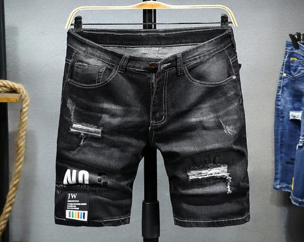 

men039s jeans men gray denim shorts summer holes black short cotton stretch jean knee length5775134, Blue