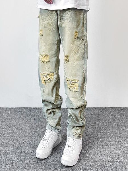 

pants distressed hole ripped washed paisley full print jeans pant for men straight frayed baggy casual cashew denim trousers8062525, Black;brown