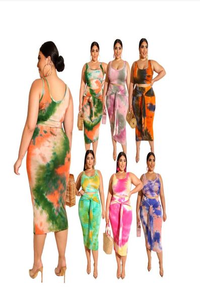 

plus size summer women dress two piece set 3xl 4xl 5xl sleeveless tank bandange skirt 2pcs casual tie dye skirts suits 53898687576, Black