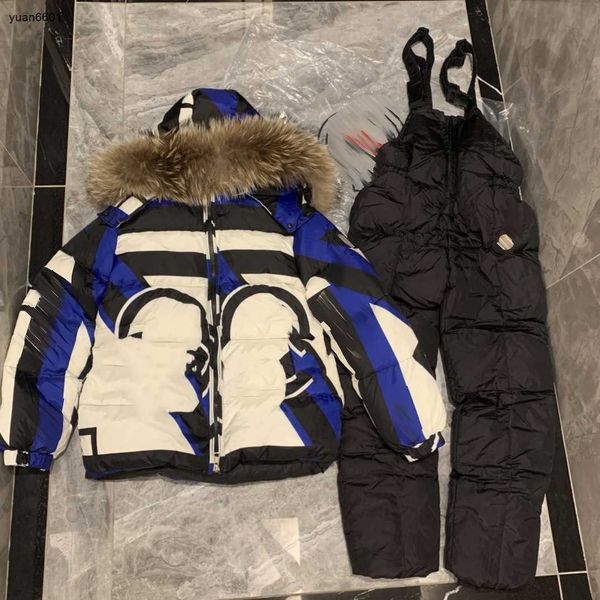 

luxury designer kids down jackets baby winter clothing size 0-12 cm 2pcs contrast stripe design fur hooded down jacket and suspenders aug30, Blue;gray
