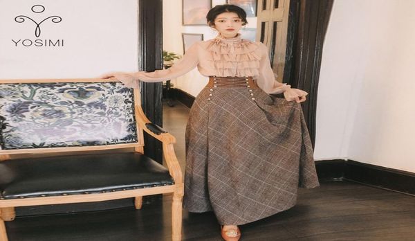 

yosimi 2020 autumn winter long sleeve blouse and woolen plaid skirt and set suit women two piece outfits sweater skirt6906077, White