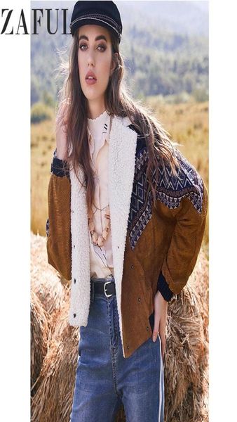 

zaful jacket coats women warm vintage outwear autumn winter double breasted tribal print faux shearling panel corduroy jacket t2005341783, Black;brown