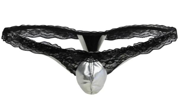 

underpants sissy panties lingerie underwear for men latex briefs thong patent leather gay mini bikini lace trim penis pouch2462162, Black;white