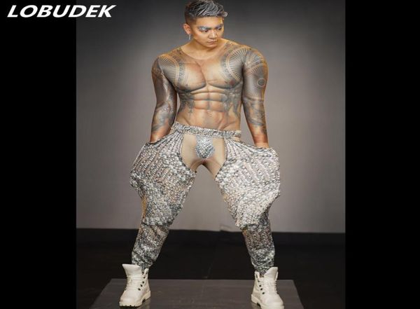 

stage wear muscle man tattoo jumpsuit printing stretch jumpsuits skinny tights bar nightclub dj singer dancer pole dancing costume9707498, Black;red