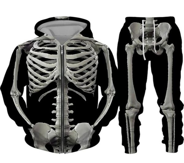 

halloween costumes skeleton hip hop hooded sweatshirt suit menwomen 3d print jacket streetwear pullovers 2pc sets 2112208552780, Gray