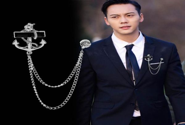 

korean fashion new personalized tassel anchor brooch with chain fringed metal brooches lapel pin badge male suit men accessories4698507, Gray