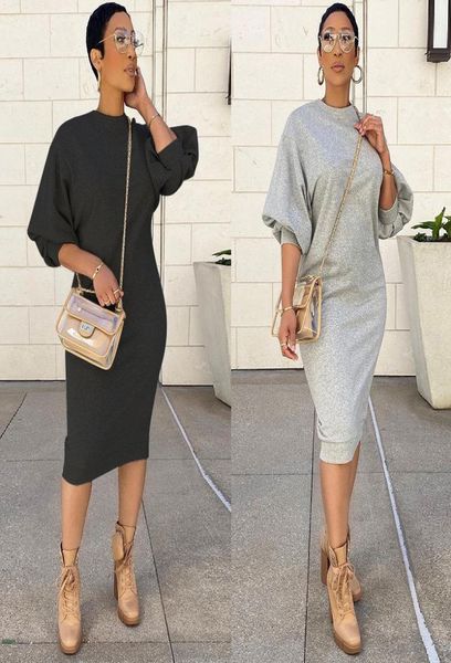 

lantern sleeve loose long plus size sweater dress slim casual grey black dressess vestido feminino whole drop1443874