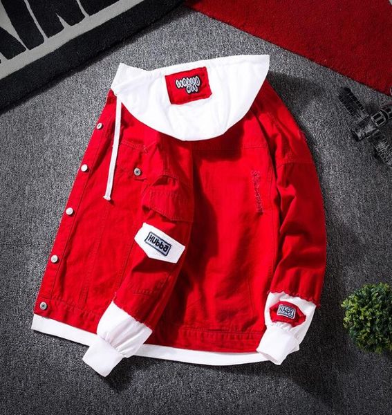 

men039s jackets spring 2021 red pink black jeans jacket men slim streetwear ripped denim hoodie hip hop bomber homme autumn3670790, Black;brown