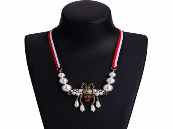 

whole bohemian fashion crystal pearl bee pendant necklace striped ribbon sweater chain women charm jewelry accessories1874025, Silver