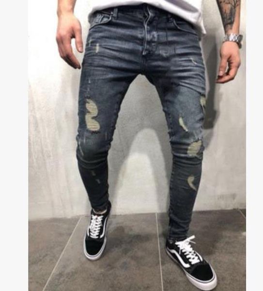 

mens skinny jeans casual slim biker jeans denim knee hole hiphop ripped pants washed fashion a0gi1710190, Blue