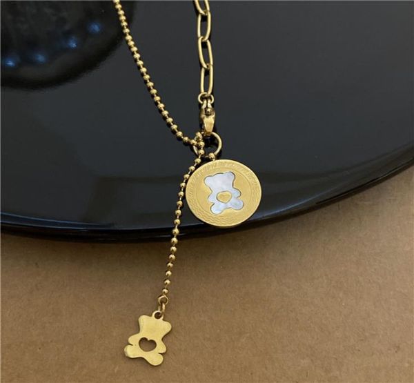 

cute stainless steel bear pendant necklace ins style white shell animal charm necklace2359799, Silver
