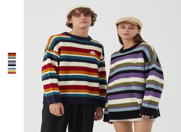 

men039s sweater rainbow stripes loose couple korean autumn winter sweater men and women small daisy 2020 new cool7275982, White;black