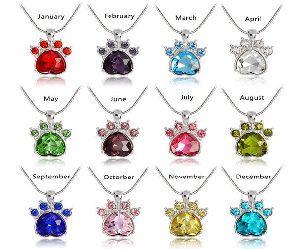 

simulated birthstone necklace rhinestone dog paw foot print charm necklace personalized birthstone jewelry gift5678961, Silver
