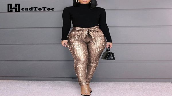 

glitter sequins belted skinny pants women bow tied high waist pockets design pencil pants party clubwear2848109, Black;white