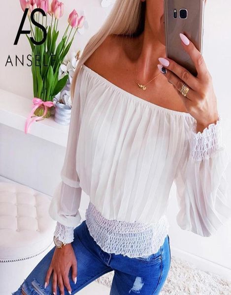 

off the shoulder blouse womens blouses shirt pleated slash neck long sleeves elastic bottom loose boho female white tunics wo2525022