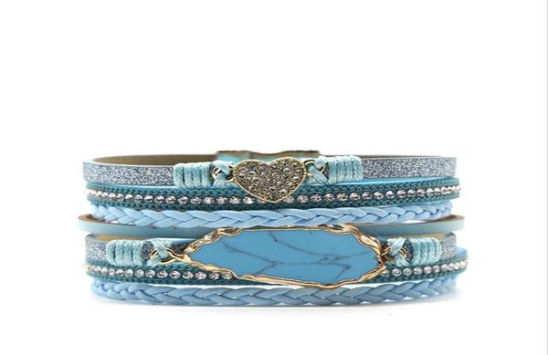 

light yellow gold color irregular shape blue turquoises stone connect leather bracelet for women jewelry link chain9959278, Black