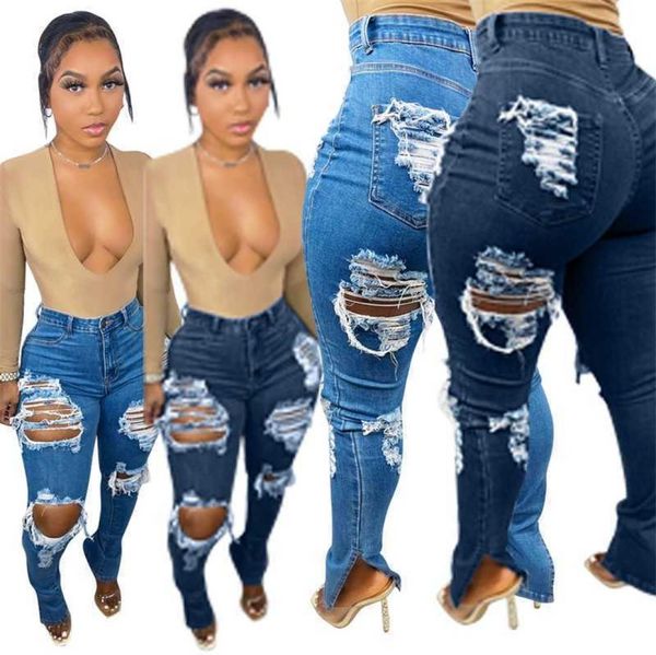 

new spring womens jeans designer popular broken elastic split denim pants5144862, Blue