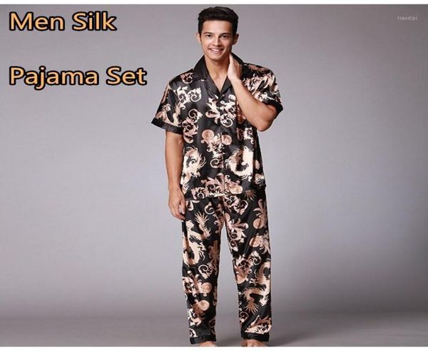 

2020 men039s stain silk pajama sets homewear pijama verano hombre homme short sleeve trousers summer sleepwear nightwear m1702740, Black;brown