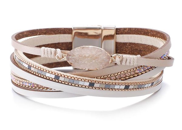 

amorcome stone charm leather bracelets for women 2020 fashion crystal ladies boho multilayer wide wrap bracelet female jewelry8901017, Golden;silver