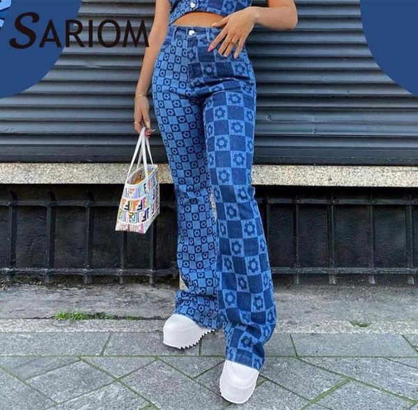 

asymmetric printed vintage high waisted blue jeans streetwear straight leg pants capris skinny denim trousers salopette femme3183369