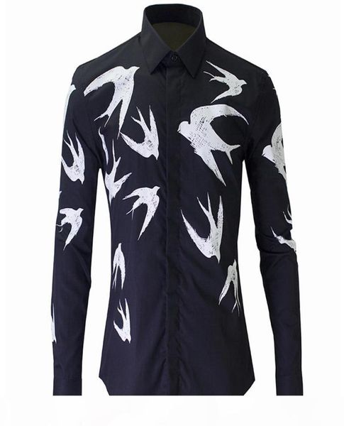 

whole new black shirt men chemise homme 2020 fashion swallow printed slim fit long sleeve mens dress shirts casual cotton shi5186697, White;black