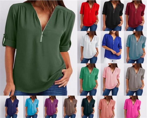 

chiffon blouse shirts zipper v neck pleated loose casual plus size summer half sleeve fashion m2786074107, White