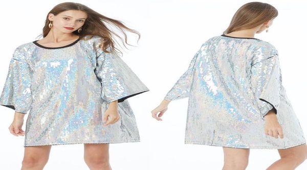 

shining glitter sequined short sleeve t shirt women midlength loose ladies sequined club hip hop street dance wear4891501, White