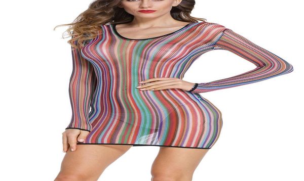 

women set stripe fishnet long sleeve chemise dress rainbow color round neck transparent one piece lingerie babydoll pajamas s8741950, Black;white