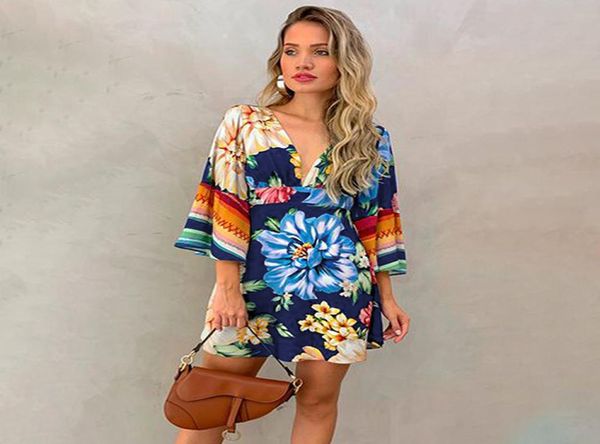 

women dresses summer 2020 v neck floral print boho beach dress ruffle short sleeve a line mini dress sundress robe sy2212606332448, Black;gray