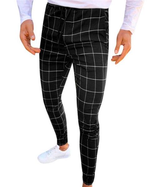 

fashion outdoor gym pants men plaid print drawstring elastic casual slimfit pencil pants trousers long stretch casual pants 9269270656, Black