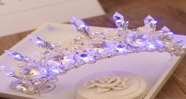 

2017 new baroque handmade led tiara women crystal floral headdress pearls rhinestone light crowns wedding hair accessories hg126 s2250054, Slivery;golden